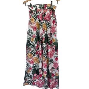 Anna Cai Tropical Palm Floral Palazzo Wide Leg Pull On Wht Yellow Pink Green XS
